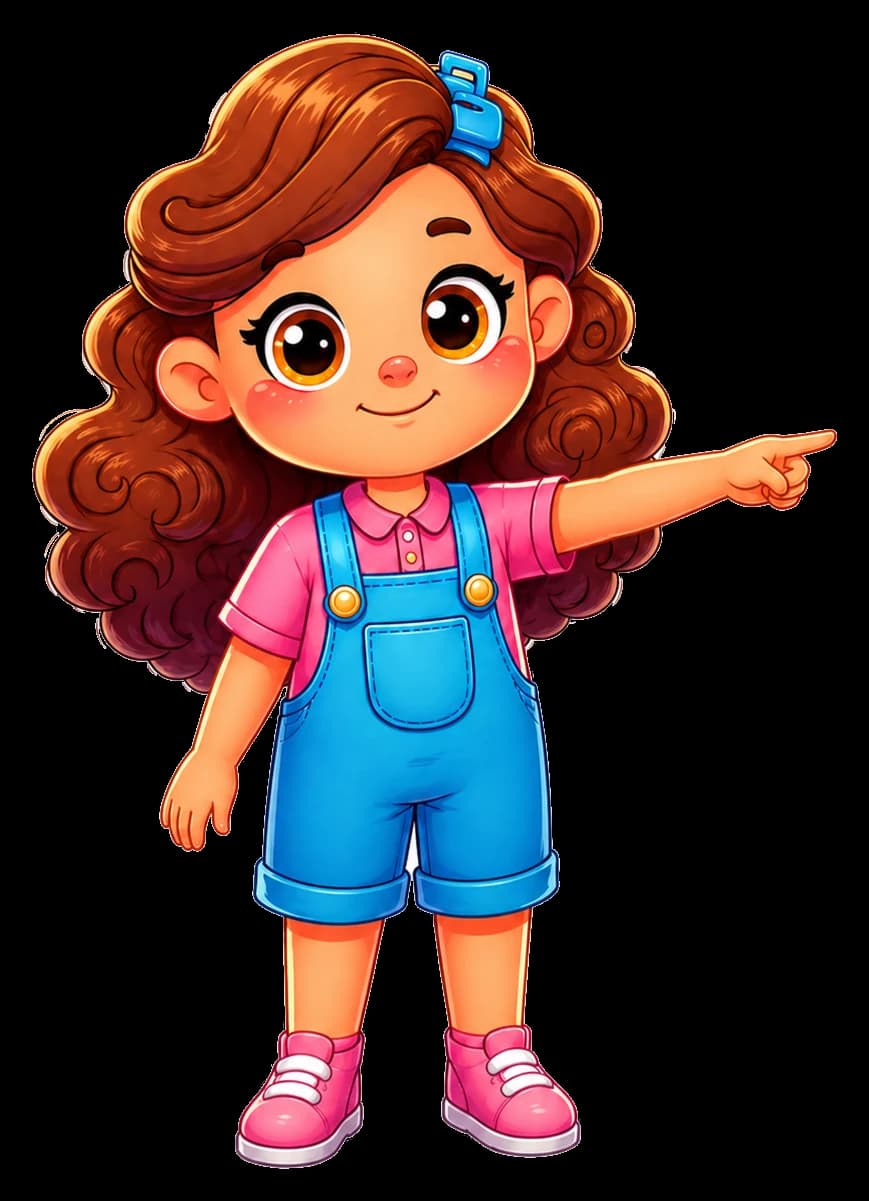 Personagem apontando para os vídeos do tema frutas